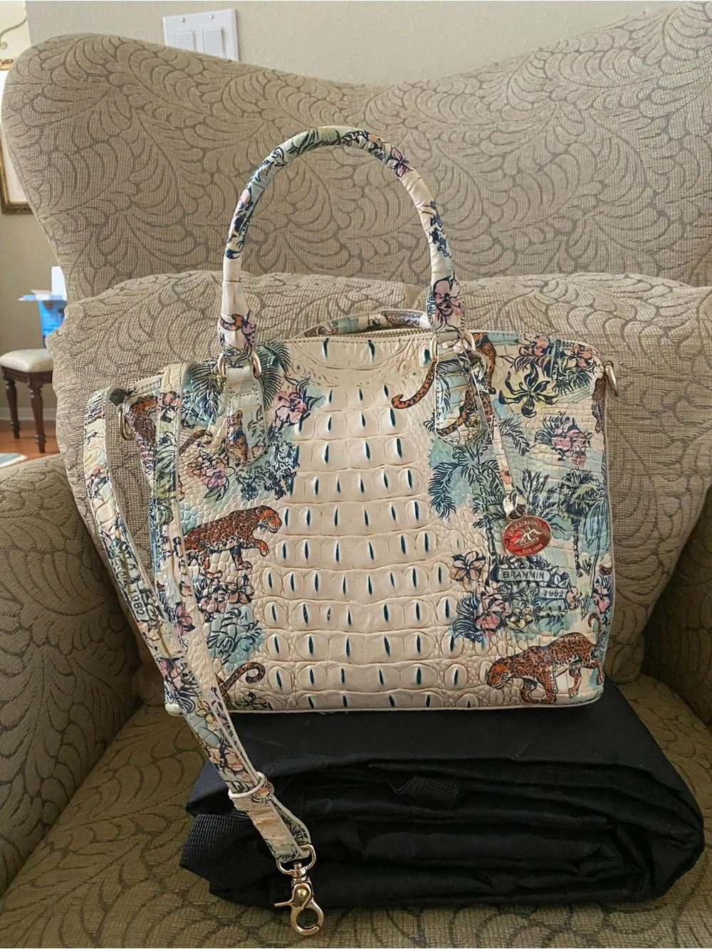 Brahmin Cream Croc-Embossed Satchel with Floral & Leopard Motif